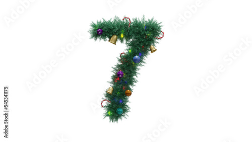 Number 7 from Christmas tree twigs with decorations on transparent background. Christmas or New Year alphabet. Numbers from Christmas tree branches with decorations. 3d illustration