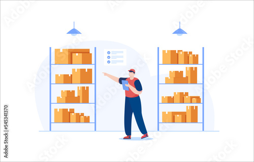 Warehouse workers check the inventory levels of items on the shelves. inventory management and stock control. vector illustration