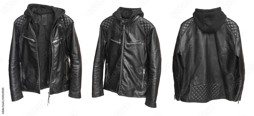 Leather biker jacket with a hood on a white background. Three views from different sides - obrazy, fototapety, plakaty 