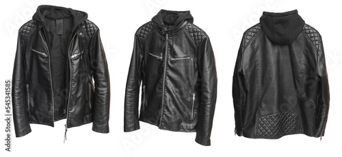 Leather biker jacket with a hood on a white background. Three views from different sides photo