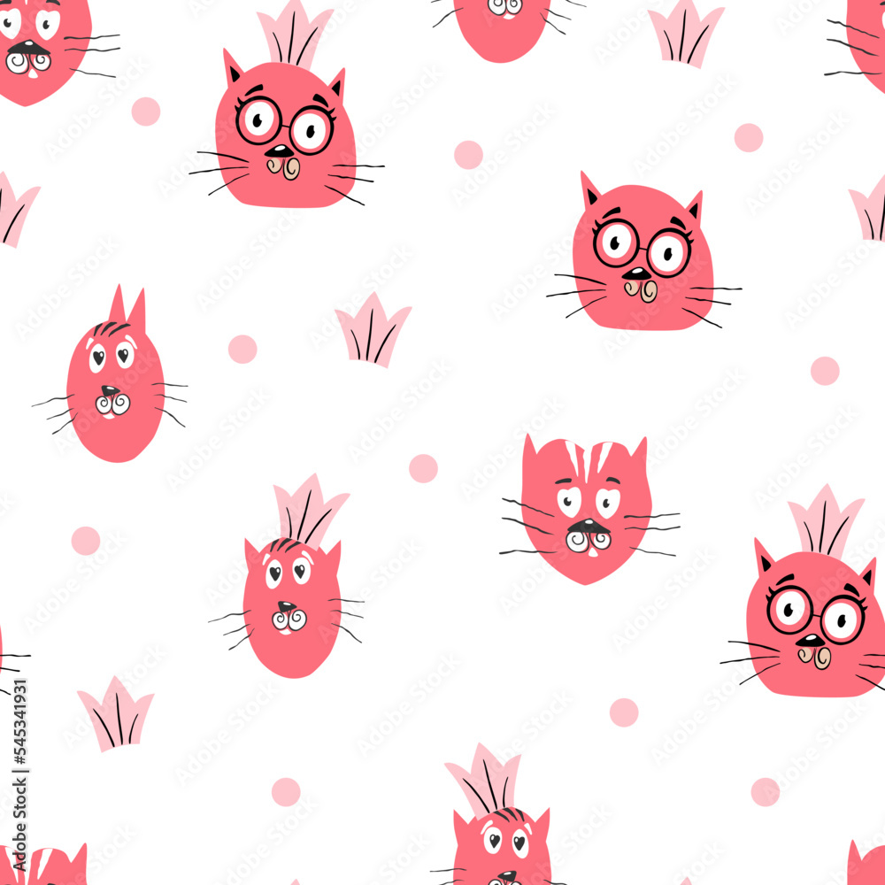 Funny cats and crowns seamless pattern on a pink background. Children print for fabric, packaging. Vector illustration. 