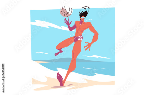 Guy playing beach volleyball on sea shore