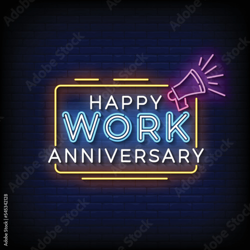 Tablou canvas Neon Sign happy work anniversary with brick wall background vector