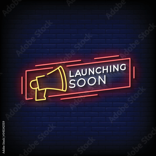 Neon Sign launching soon with brick wall background vector