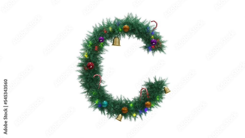 Capital letter C from Christmas tree twigs with decorations on transparent background. Christmas alphabet. Letters from Christmas tree branches with decorations. 3d illustration Capital letter C from Christmas tree twigs with decorations on transparent background. Christmas alphabet. Letters from Christmas tree branches with decorations. 3d illustration