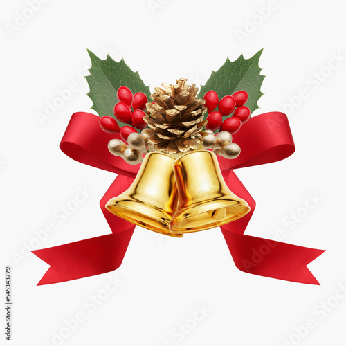 Christmas decoration christmas bell with red ribbon and holly leaves 