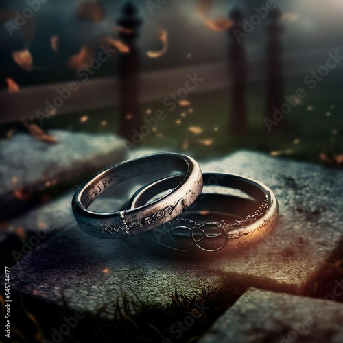 Two Wedding Rings Sitting on Concrete Outside with Leaves Falling in Background | Created Using Midjourney and Photoshop