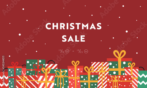 プレゼントやギフトが並び立つクリスマスセール広告テンプレート（赤）　Christmas sale ad template with gifts and presents lined up (red)