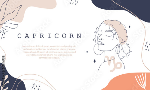Capricorn zodiac sign. One line drawing. Astrological icon with abstract woman face. Mystery and esoteric outline background. Astrology horizontal banner. Vector illustration in minimalist style.