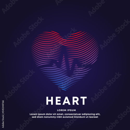 Human medical heart shape with cardio pulse flat line art structure. creative Vector logo heart care color silhouette on a dark background. EPS 10