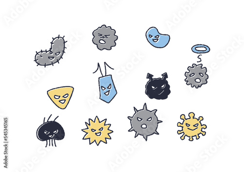 いろいろな表情の黄色のかわいいばい菌やウイルスのイラスト