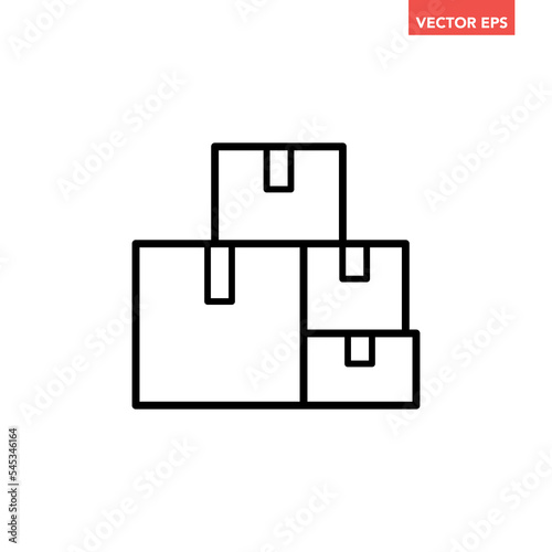 Black pile of stacked sealed goods cardboard boxes line icon, generic concept flat design pictogram, infographic interface elements for app logo web website button ui ux isolated on white background