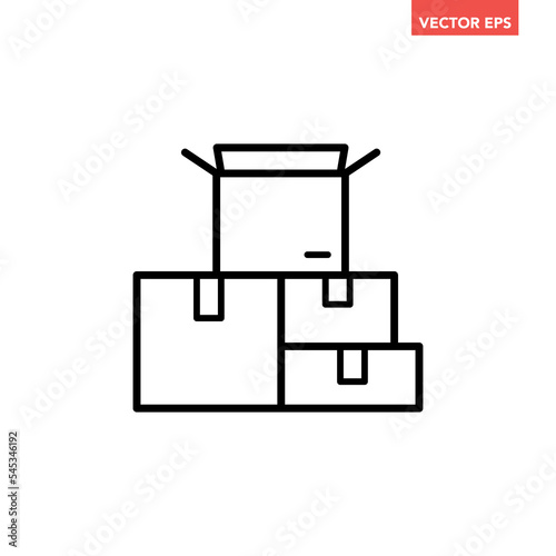 Black pile of stacked sealed goods cardboard boxes line icon, online shopping flat design pictogram, infographic interface elements for app logo web website button ui ux isolated on white background