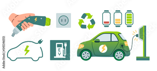 Modern electric smart suv car charging parking at the charger station with a plug in cable. Isolated flat vector concept