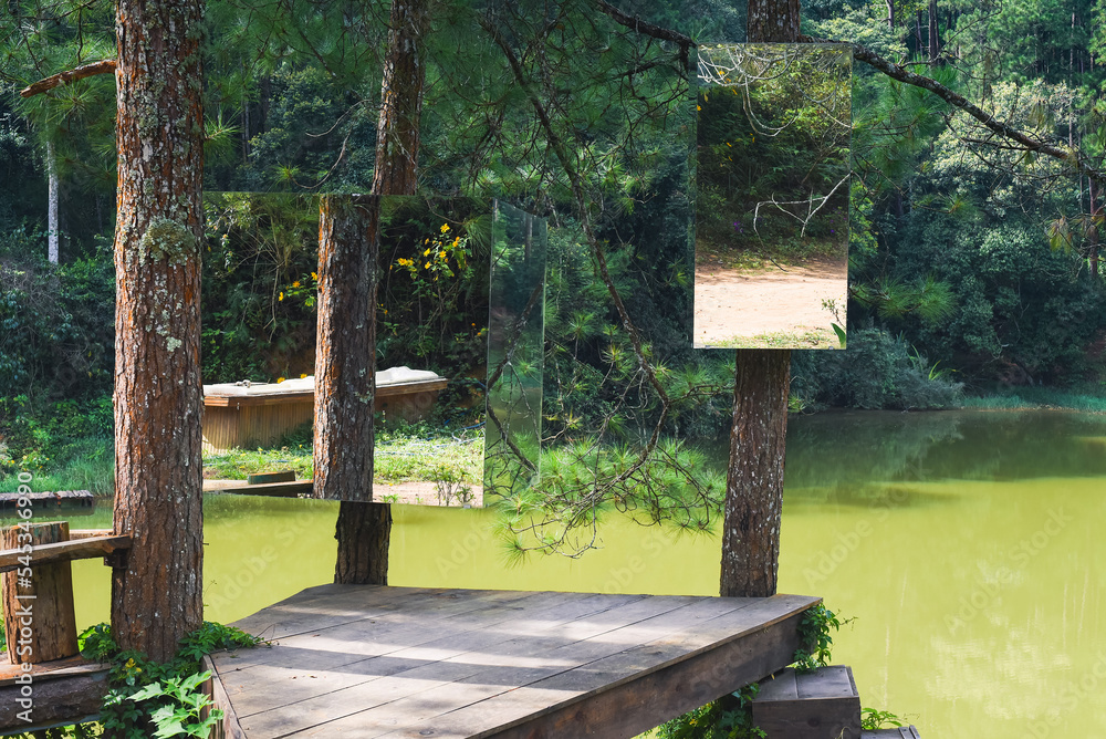 Creative idea with cube mirrors on trees in pine forest against lake in Da Lat Vietnam Creative idea with cube mirrors on trees in pine forest against lake in Da Lat Vietnam