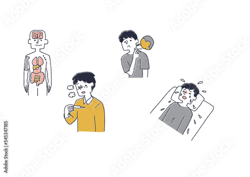 リンパ腫になった男性の症状のイラストセット
