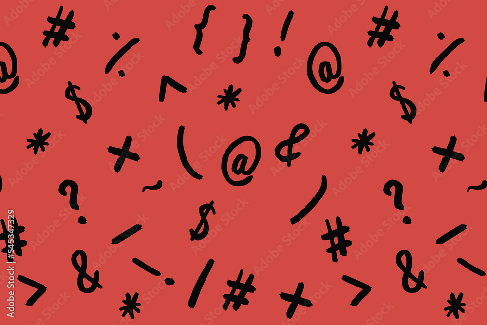 pattern with the image of keyboard symbols. Punctuation marks. Template for applying to the surface. red background. Horizontal image. pattern with the image of keyboard symbols. Punctuation marks. Template for applying to the surface. red background. Horizontal image.