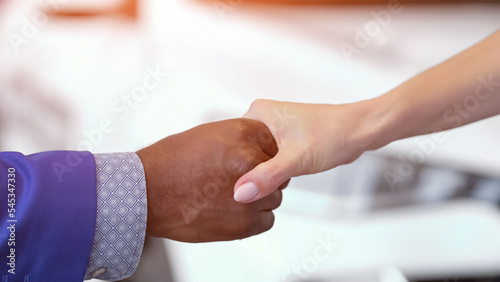 Salesman and female customer shake hands in automobile salon, closeup © lenblr