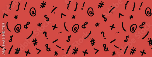pattern with the image of keyboard symbols. Punctuation marks. Template for applying to the surface. red background. Banner for insertion into site.