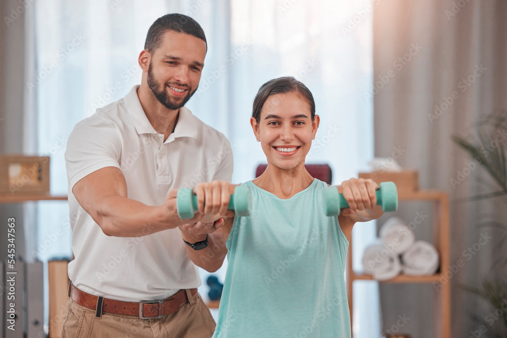 Obraz premium Fitness, personal trainer and woman with weights in home doing exercise, workout and training in living room. Health, wellness and female with male instructor doing weightlifting with dumbbells