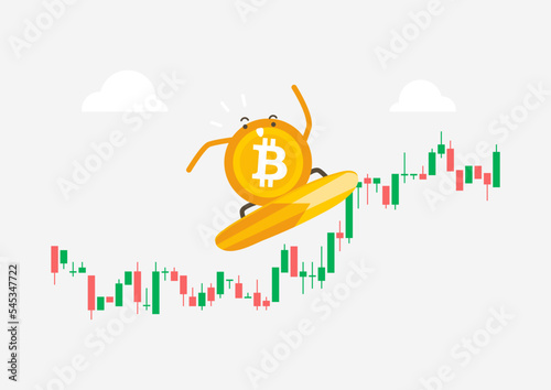 Bitcoin surfing on stock market graph. Cryptocurrency cartoon concept.