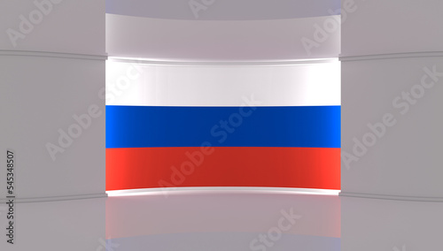 Russian. Russian Federation flag. Russian Federation flag background. TV studio. News studio. Backdrop for any green screen or chroma key video or photo production. 3d render. 3d