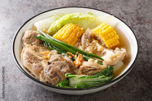 Bulalo is a Filipino stew made from beef shanks and marrow bones closeup in the bowl on the table. Horizontal