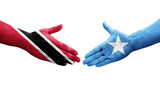 Handshake between Somalia and Trinidad Tobago flags painted on hands, isolated transparent image.