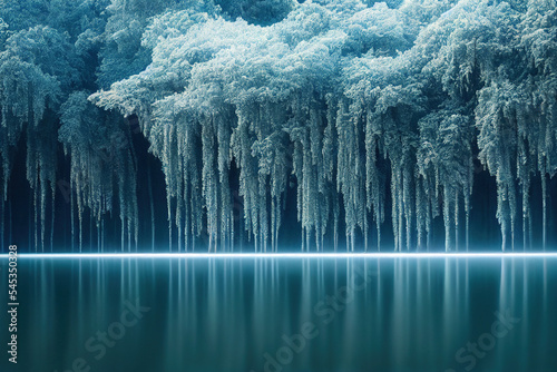 Mystery Foggy Lake. Forest Side. Beautiful Fantasy Landscape.