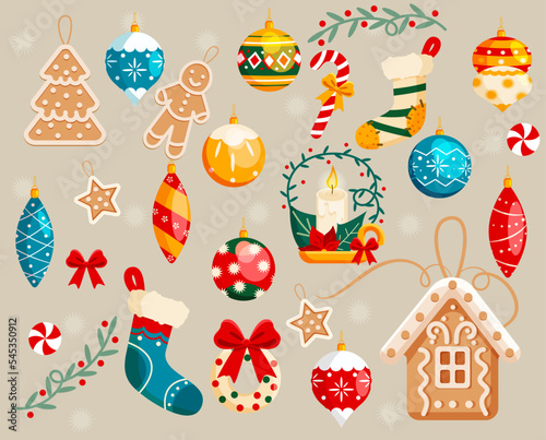 Christmas winter holiday decoration collection - vector color illustration