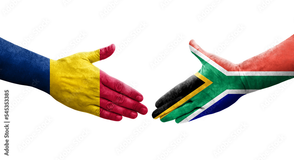 Handshake between South Africa and Chad flags painted on hands, isolated transparent image. Handshake between South Africa and Chad flags painted on hands, isolated transparent image.