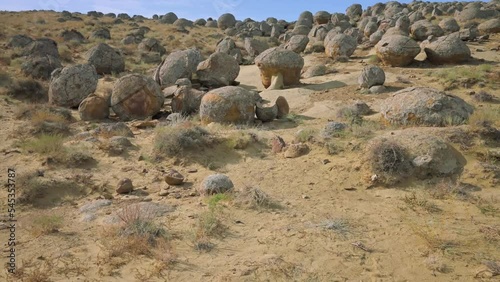 Valley with sphere stones in Kazakhstan. 4k footage UHD 3840x2160 