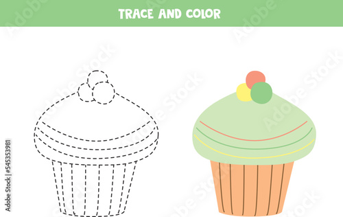 Trace and color cartoon cupcake. Worksheet for children.