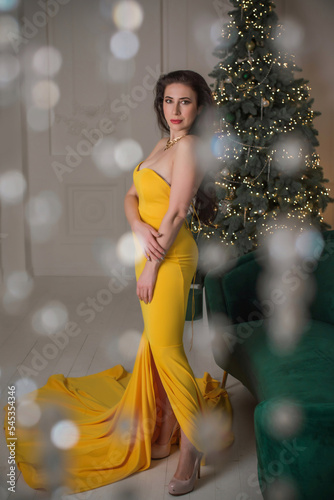 Winter holiday concept. Inspiration and fairy time. Woman near Christmas tree. Pretty nice lady in party dress, holidays days, magical night time