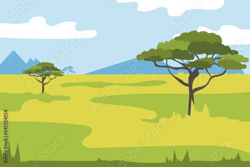 African savannah. Grass, acacia trees. Vector landscape. The nature of Africa. Reserves and national parks.