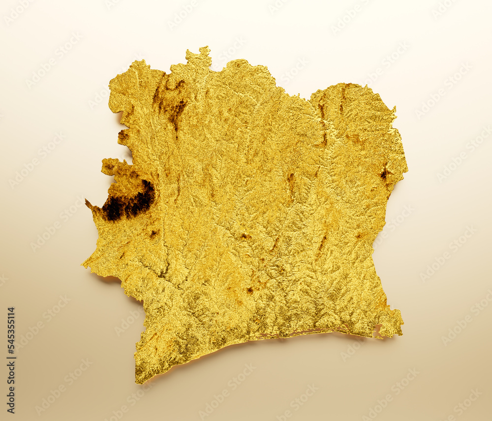 Obraz premium Ivory Coast Map Golden metal Color Height map Background 3d illustration