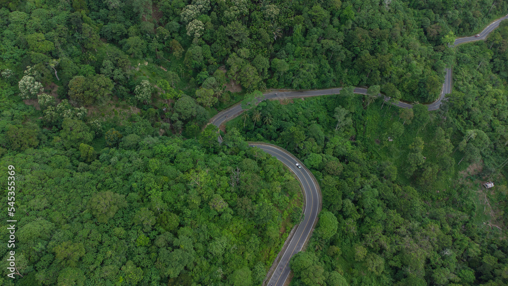 Road through green forest, aerial view road passing through forest in Aceh province, Indonesia Road through green forest, aerial view road passing through forest in Aceh province, Indonesia