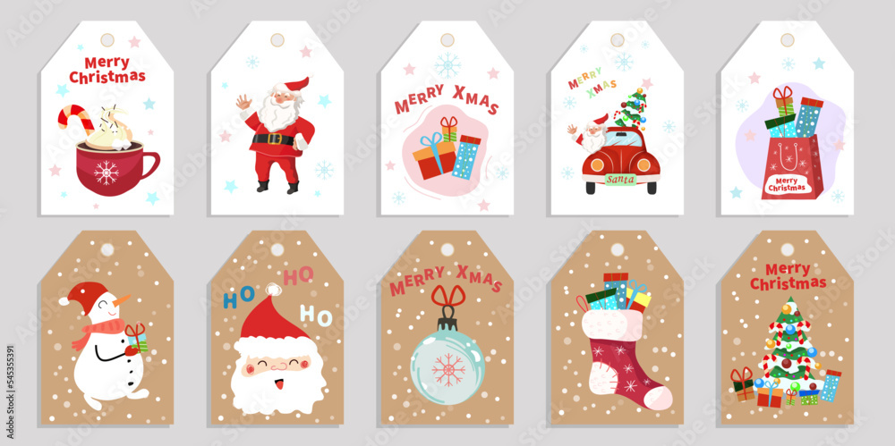 Fototapeta premium Big set with xmas tree, Santa, gift. Christmas craft paper cards and gift tags, hand-drawn style. Vector illustration. Vector Merry Christmas greeting cards and invitations isolated on background