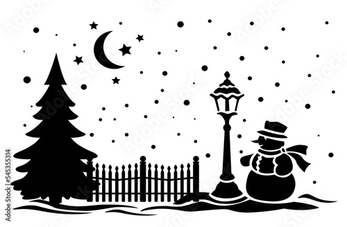 snow landscape wht snowman , tree and star  and moon in illustrator photo