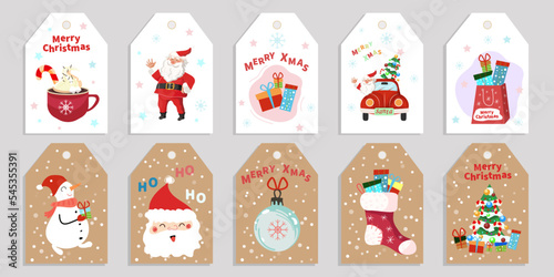 Fototapeta Naklejka Na Ścianę i Meble -  Big set with xmas tree, Santa, gift. Christmas craft paper cards and gift tags,
 hand-drawn style. Vector illustration. 
Vector Merry Christmas greeting cards and invitations isolated on background