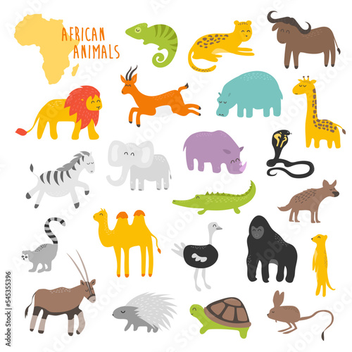 Vector illustration  african animals for kids  children clipart  tropical fauna. Cute style. Set for kids. African animal wildlife
