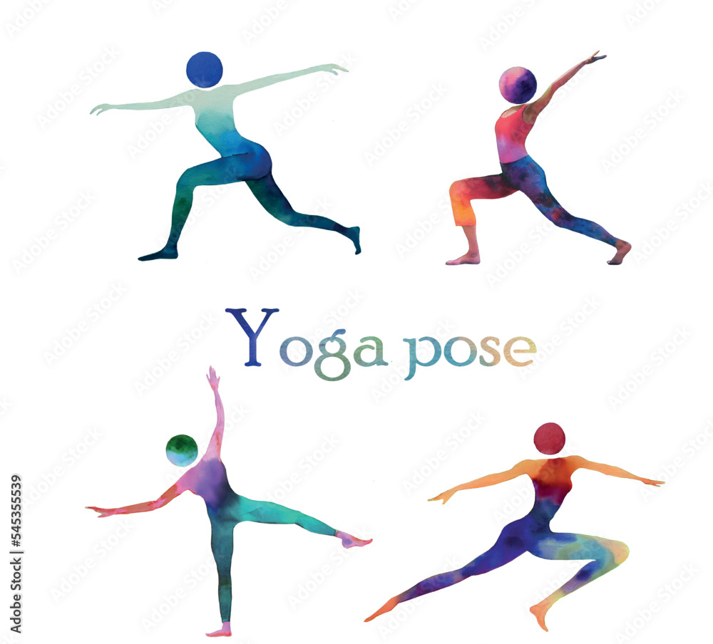Fototapeta premium Watercolor yoga set isolation on white background. Yoga poses, asana, sport, dance. Healthy lifestyle and relaxation. Abstract vector illustration.