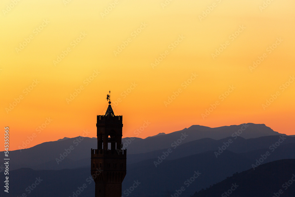 Mountainous view at Palazzo vecchio palace in Florence in evening light
