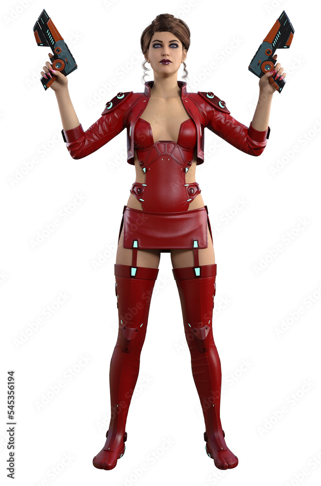 cyberpunk warrior in a red uniform, armed with guns, 3d illustration cyberpunk warrior in a red uniform, armed with guns, 3d illustration