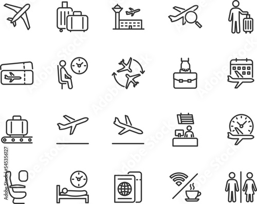 Vector set of airport line icons. Contains icons baggage, departure, boarding, plane ticket, hand luggage, waiting room, transfer, check-in desk and more. Pixel perfect.