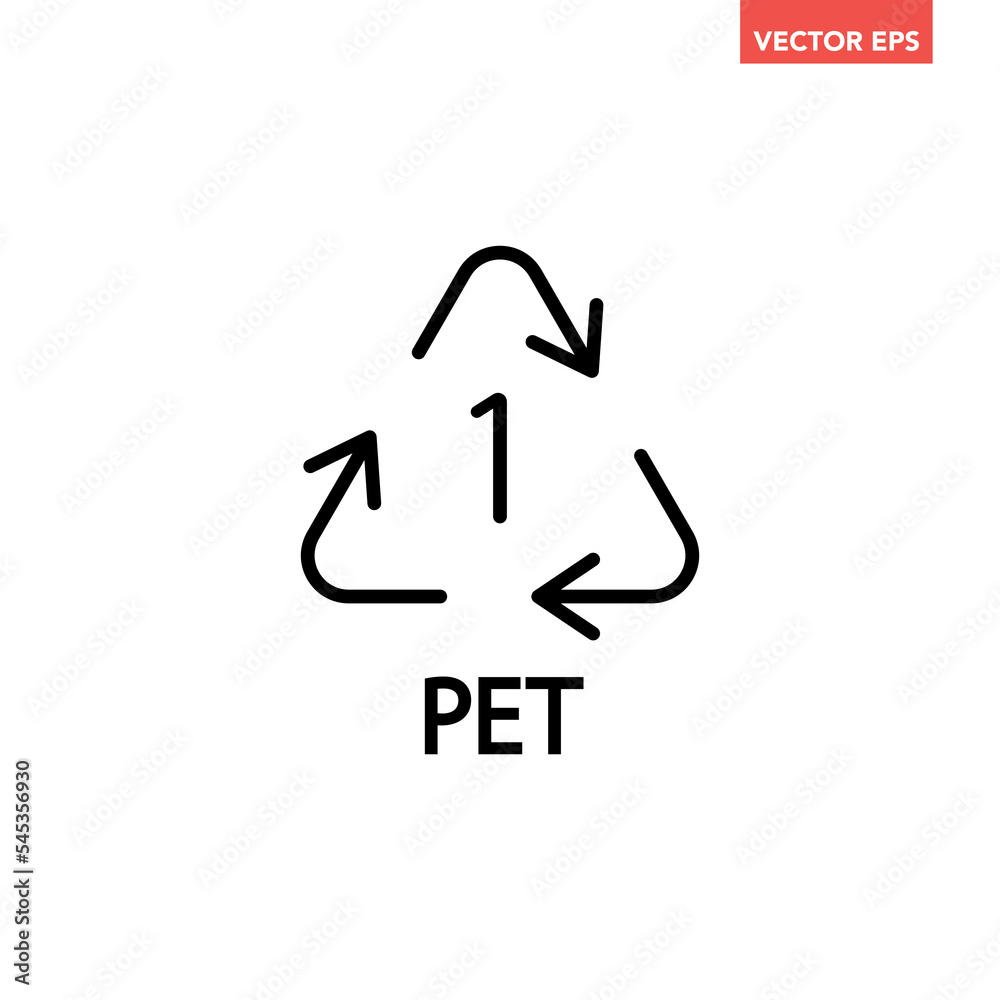 Black single plastic recycle PET 1 line icon, simple recycle code flat
