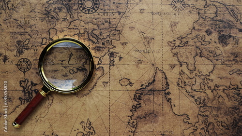 Top view of Magnifying glass placed on a vintage world map Travel ideas and places to visit