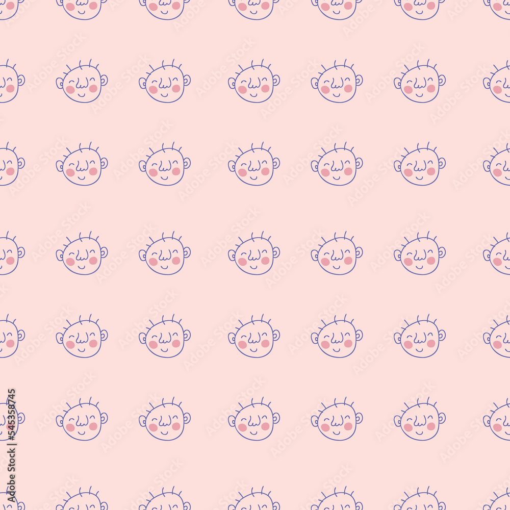 Simple doodle seamless pattern with cute baby faces. Perfect for T-shirt, poster and print. Hand drawn illustration for decor and design. Simple doodle seamless pattern with cute baby faces. Perfect for T-shirt, poster and print. Hand drawn illustration for decor and design.