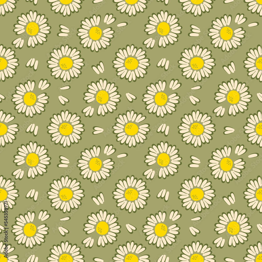 Aesthetic seamless pattern with daisies in hippie style. Simple floral print for T-shirt, poster, fabric, textile. Hand drawn illustration for decor and design. Aesthetic seamless pattern with daisies in hippie style. Simple floral print for T-shirt, poster, fabric, textile. Hand drawn illustration for decor and design.