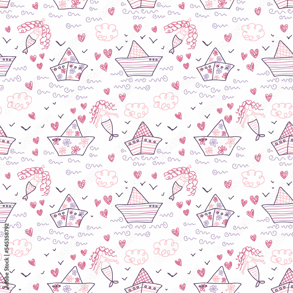 Doodle seamless pattern with boats, mermaids and hearts. Romantic print for tee, paper, fabric, textile. Hand drawn illustration for decor and design.